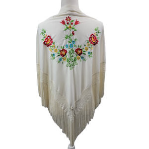 Piano Scarf Poncho Shrug Wrap Embroidered Roses Fringe Art To Wear Boho OSFA